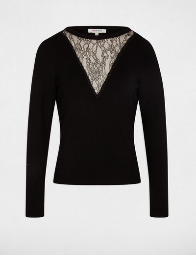 Pull col rond dentelle noir femme
