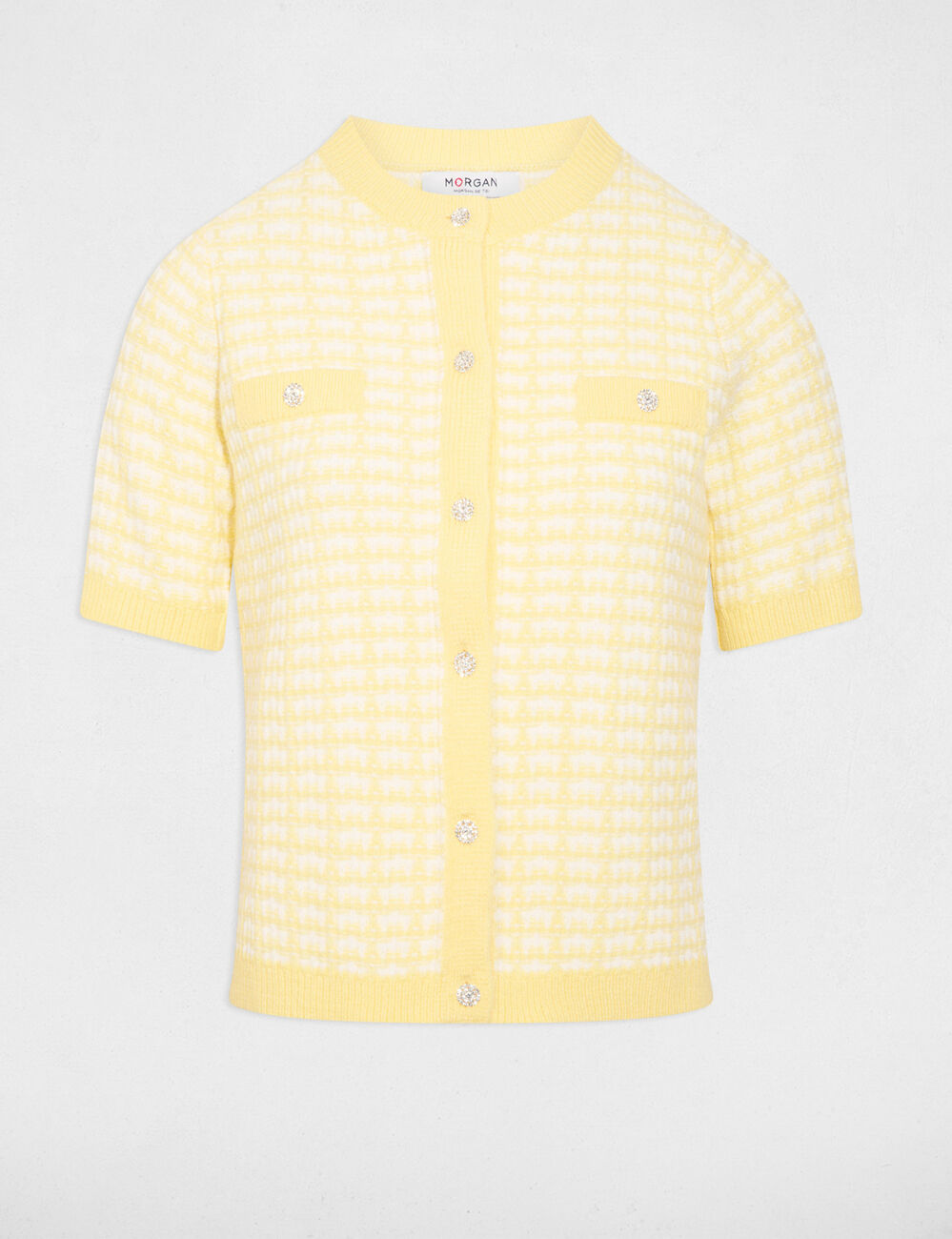 Kurz&auml;rmelige, bedruckte Strickjacke hellgelb damen