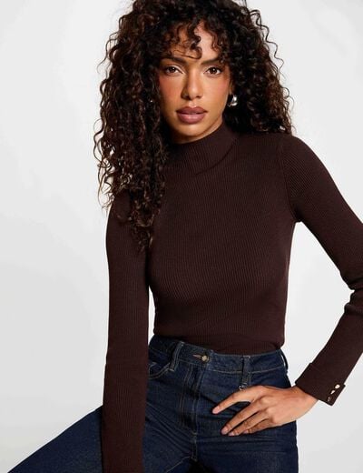 Pull col montant marron fonc&eacute; femme