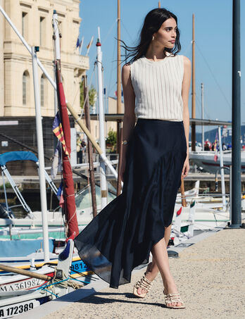 Jupe asym&eacute;trique taille haute bleu marine femme