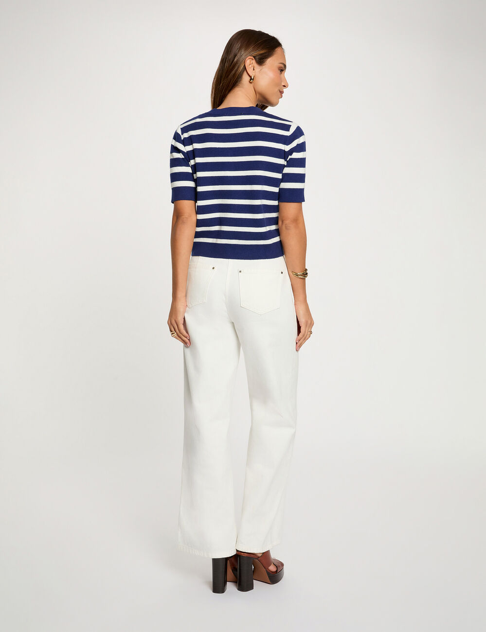 Gestreifte Strickjacke mit kurzen &Auml;rmeln marineblau damen