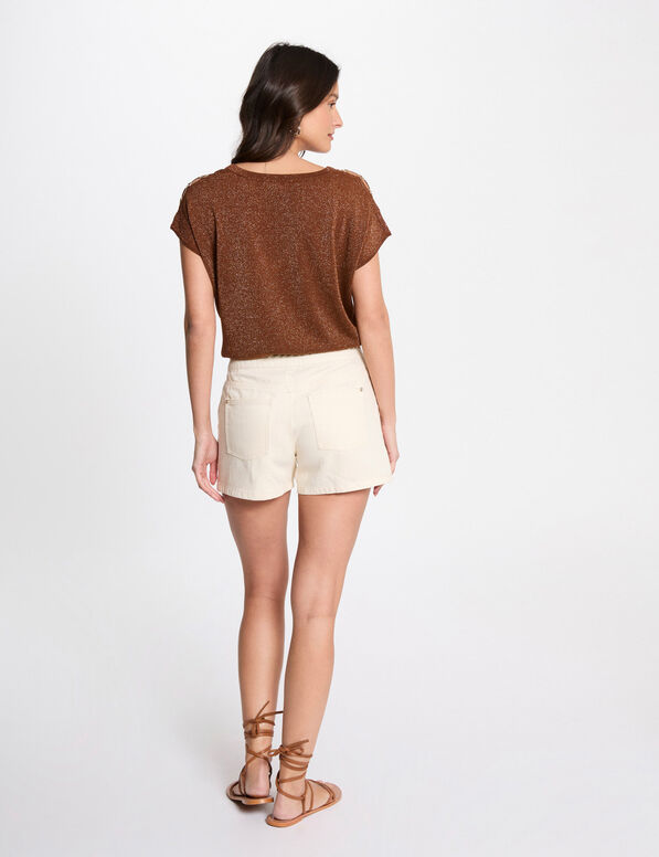 Pull col en V manches courtes marron cognac femme