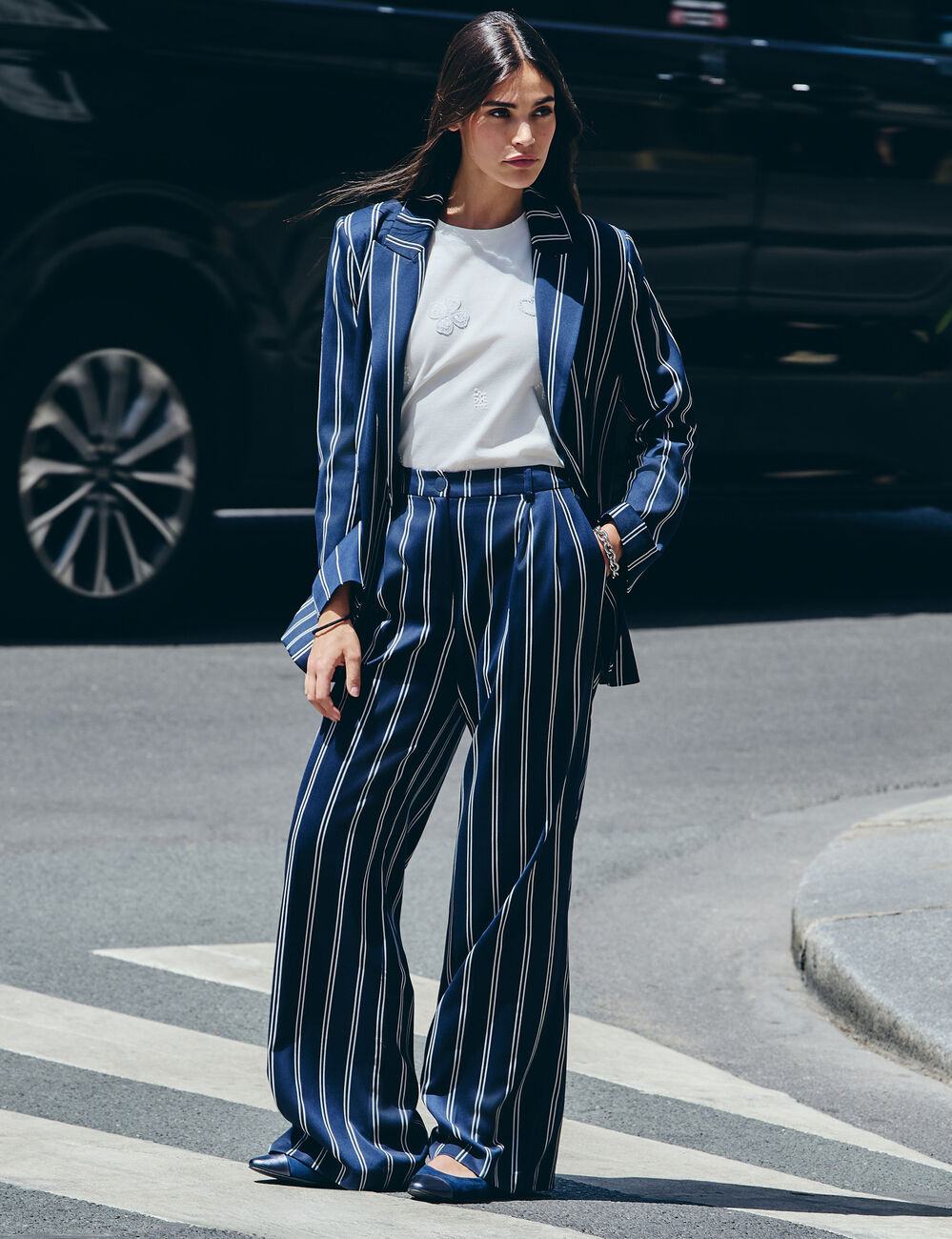 Pantalon large taille haute bleu marine femme