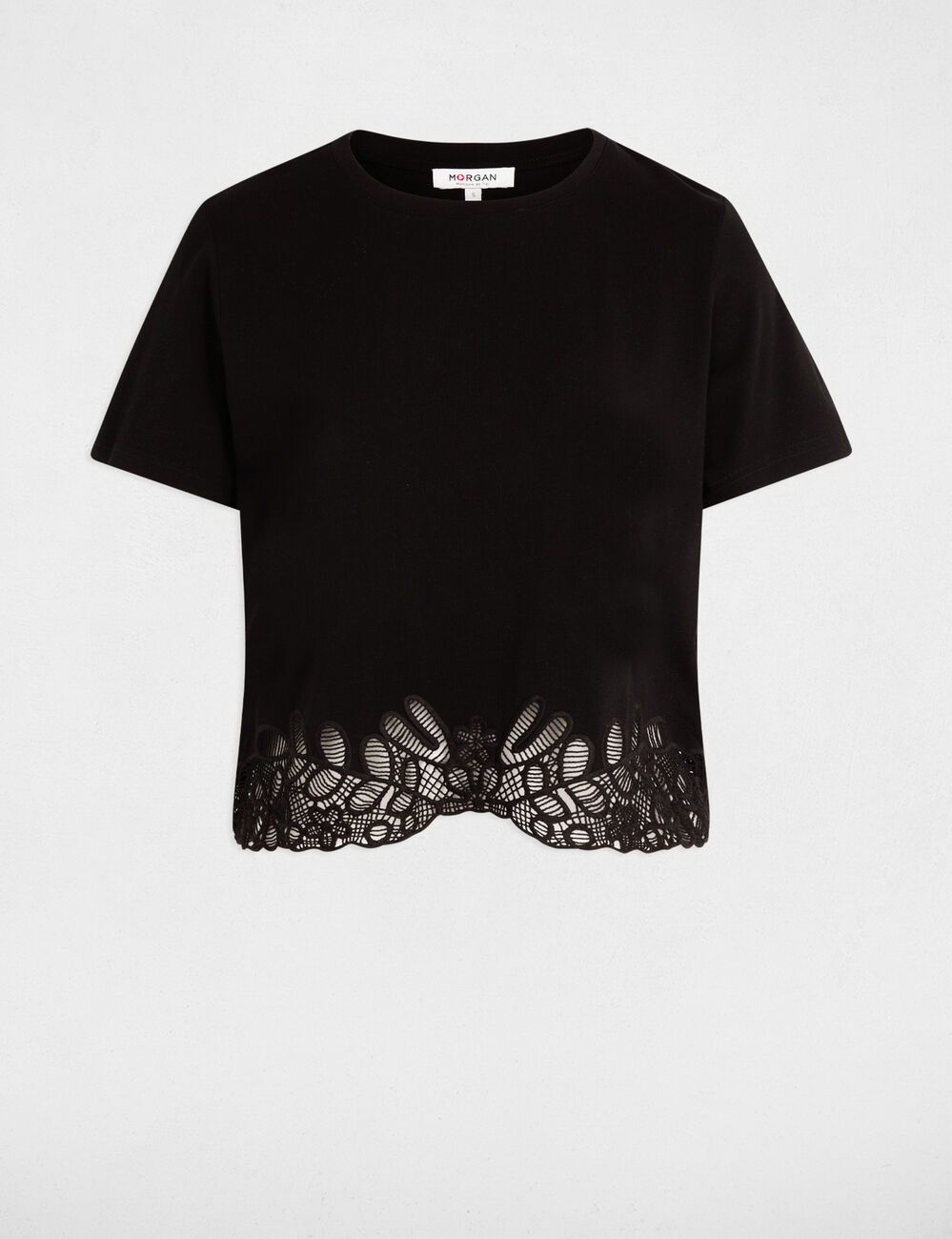 T-shirt brod&eacute; col rond noir femme