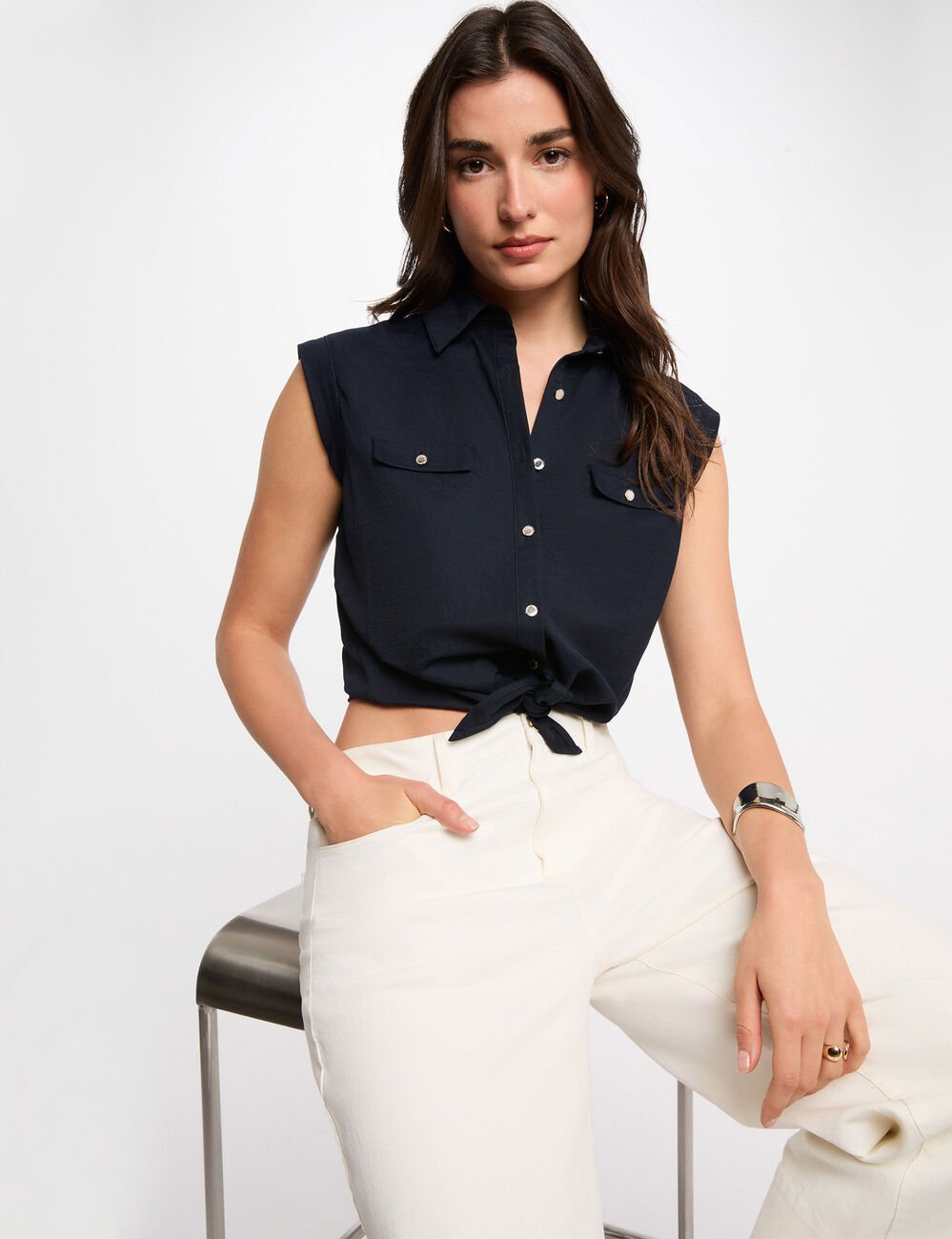 &Auml;rmellose Bluse marineblau damen