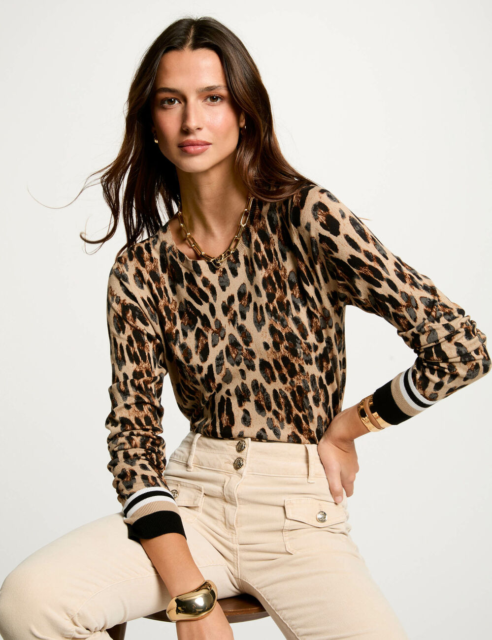 Pull col rond imprimé léopard multicolore femme
