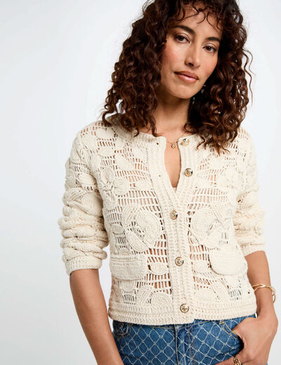 Strickjacke mit langen Ärmeln elfenbein damen