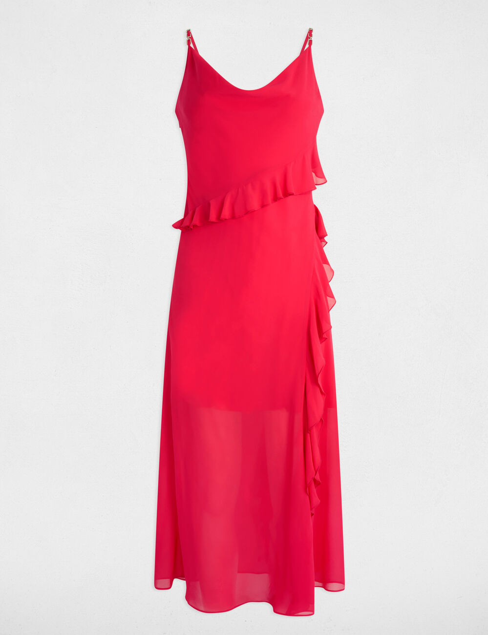 Eng anliegendes Midikleid mit Volants fuschia rot damen