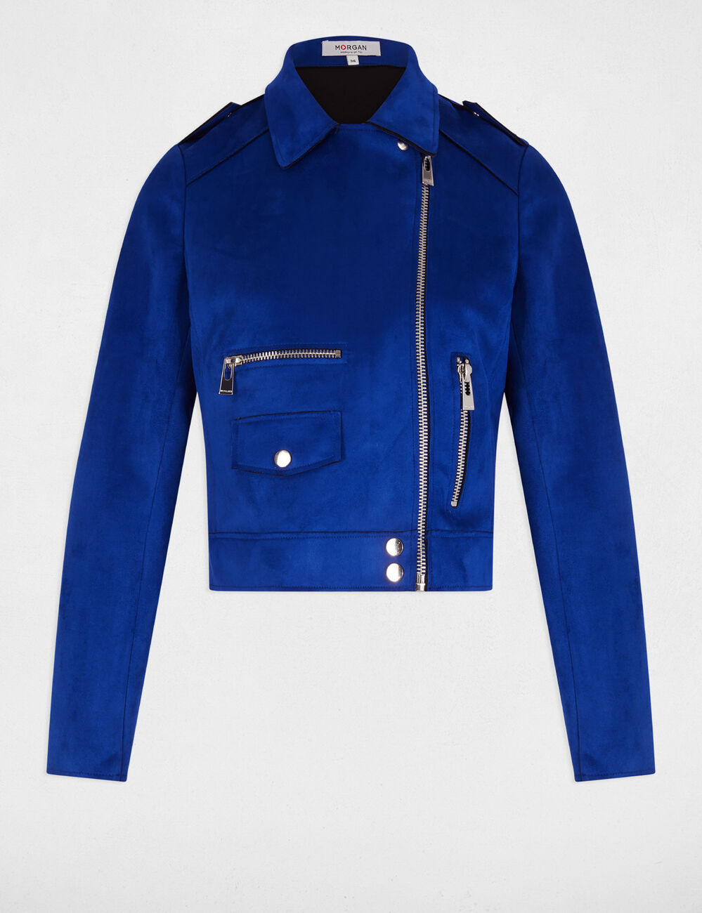 Blouson court zippé suédine bleu electrique femme