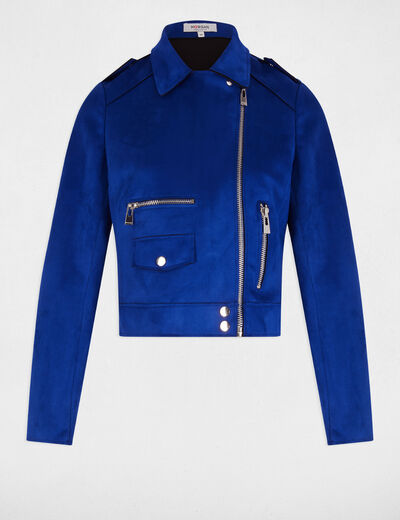 Blouson court zippé suédine bleu electrique femme