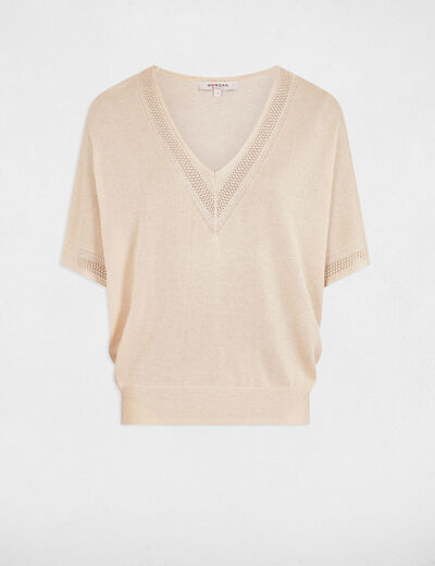 Kurzarm-Pullover mit V-Kragen elfenbein damen