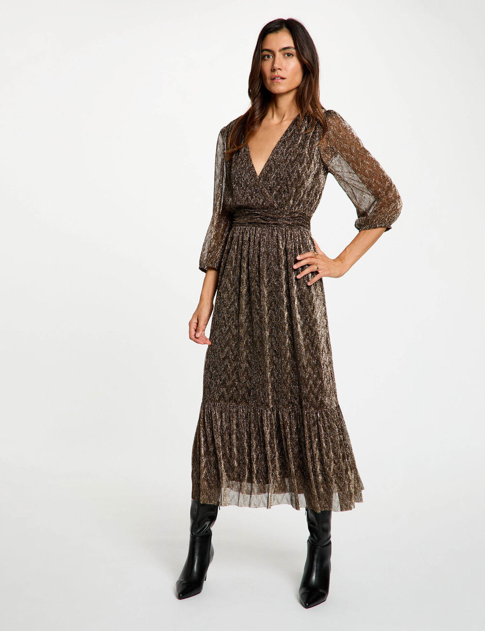 Robe longue pliss&eacute;e couleur bronze femme