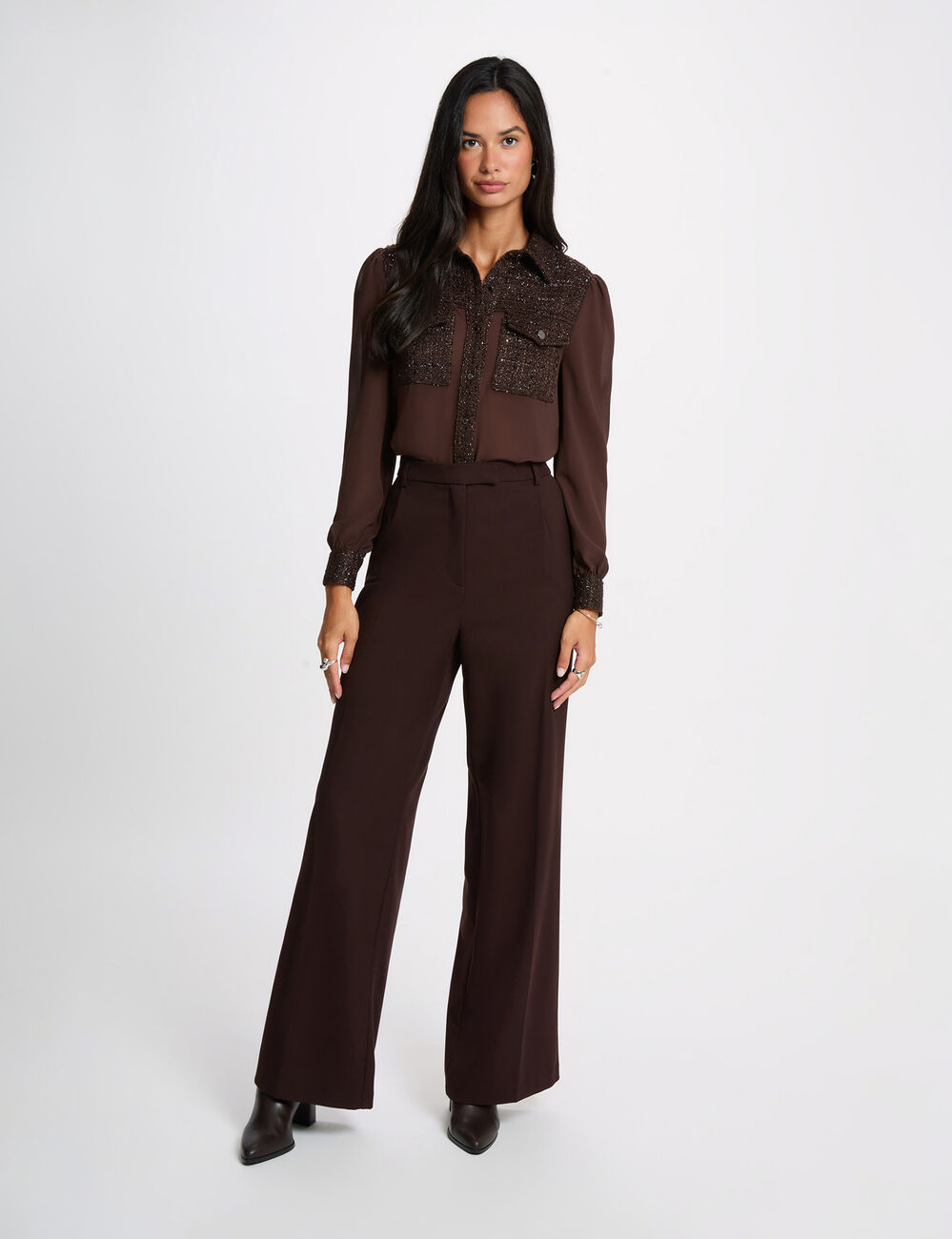 Chemise tweed col &agrave; revers marron fonc&eacute; femme