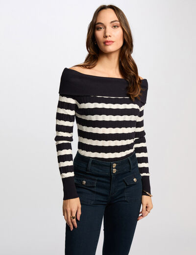 Gestreifter Pullover mit Bardot-Kragen marineblau damen