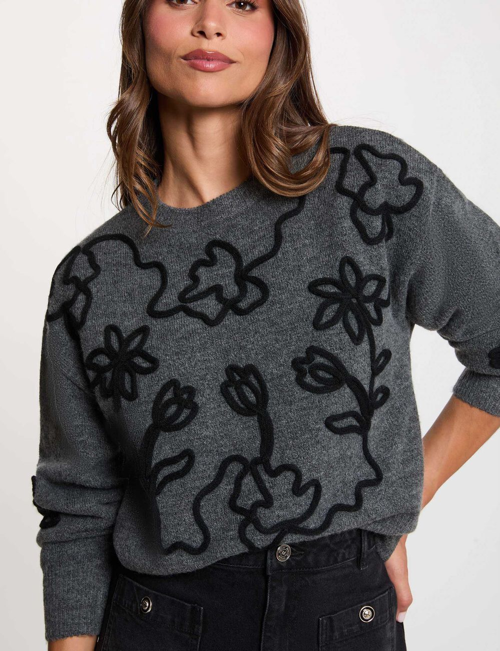 Pullover mit Rundhals und Muster dunkelgrau damen