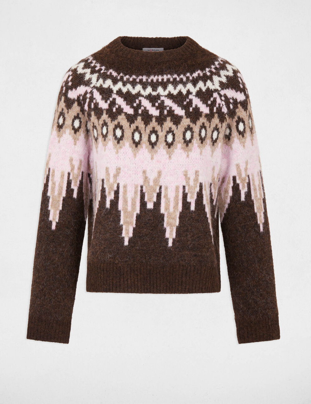 Pull chevron col rond marron fonc&eacute; femme