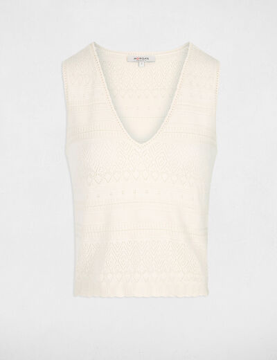 Mesh-Top mit V-Kragen elfenbein damen
