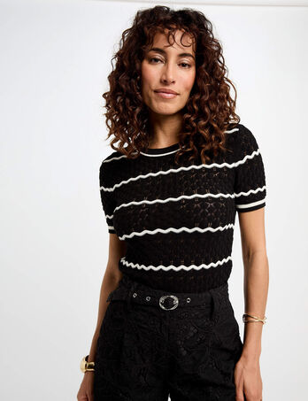 Pull manches courtes rayé noir femme