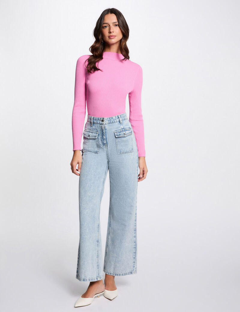Pullover mit hohem Kragen, gerippt rosa damen