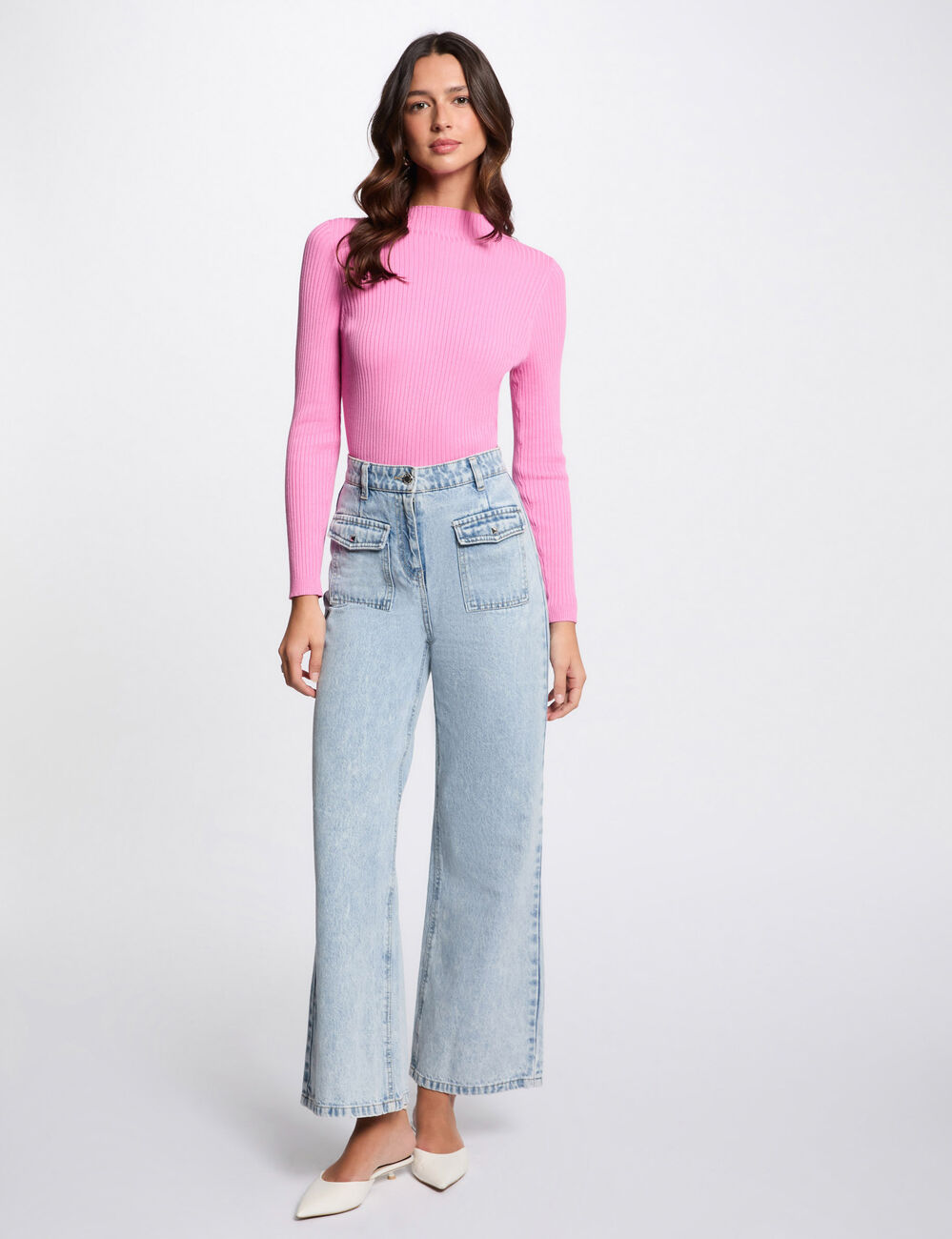 Pullover mit hohem Kragen, gerippt rosa damen