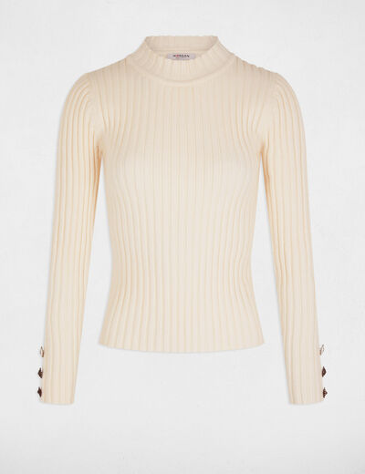 Pull col montant côtelé ivoire femme