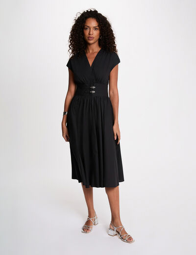 Robe mi-longue col v noir femme