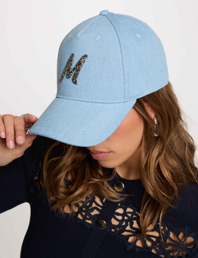 Jeans-Cap mit Strassbuchstabe M gebleichtes denim damen