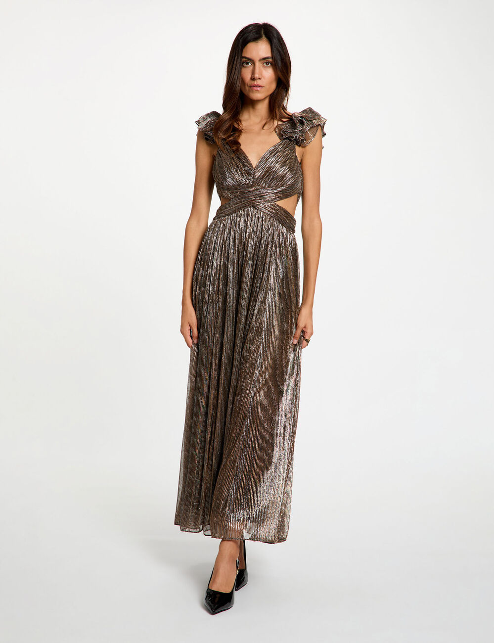 Robe longue col v couleur bronze femme