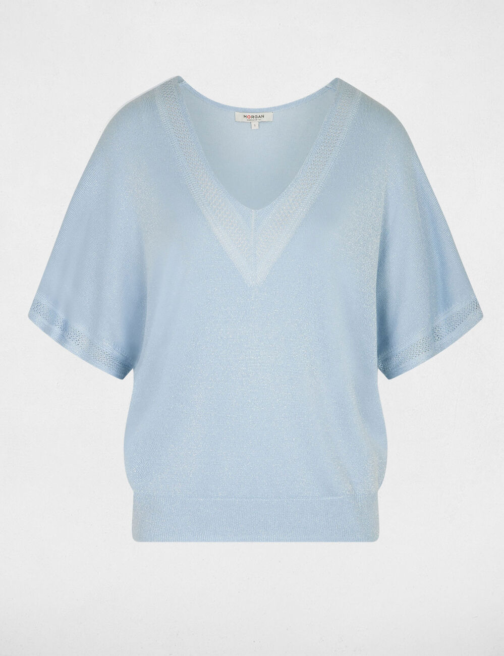 Pull col en V manches courtes bleu ciel femme