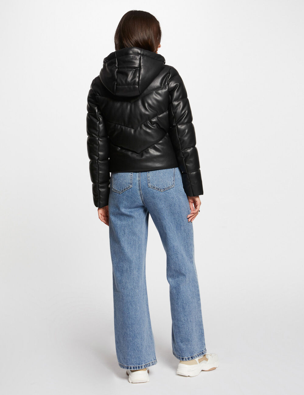 Daunenjacke aus Kunstleder mit Kapuze schwarz damen