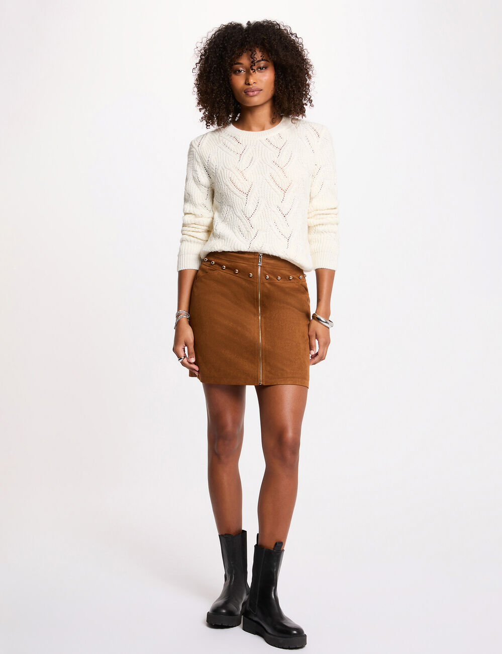 Jupe courte ajust&eacute;e marron cognac femme