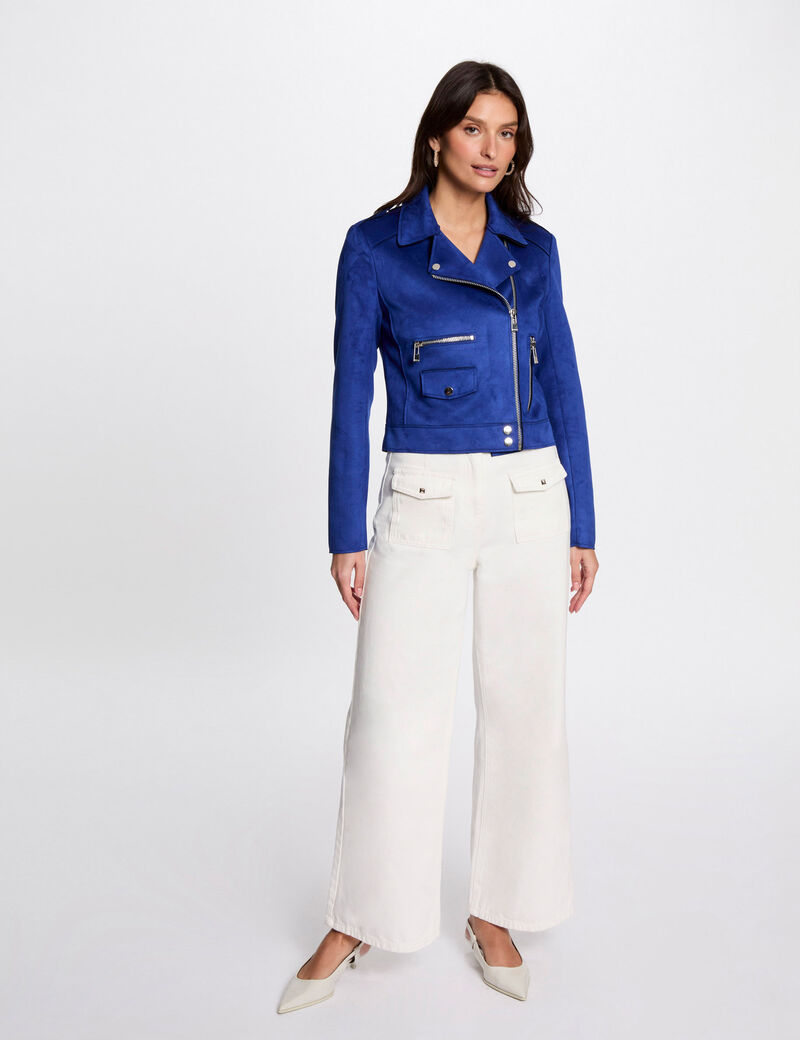 Blouson court zippé suédine bleu electrique femme