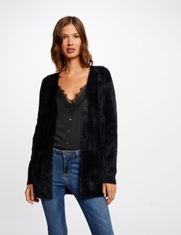 gilet long maille duveteuse noir femme Gilet long maille duveteuse noir femme