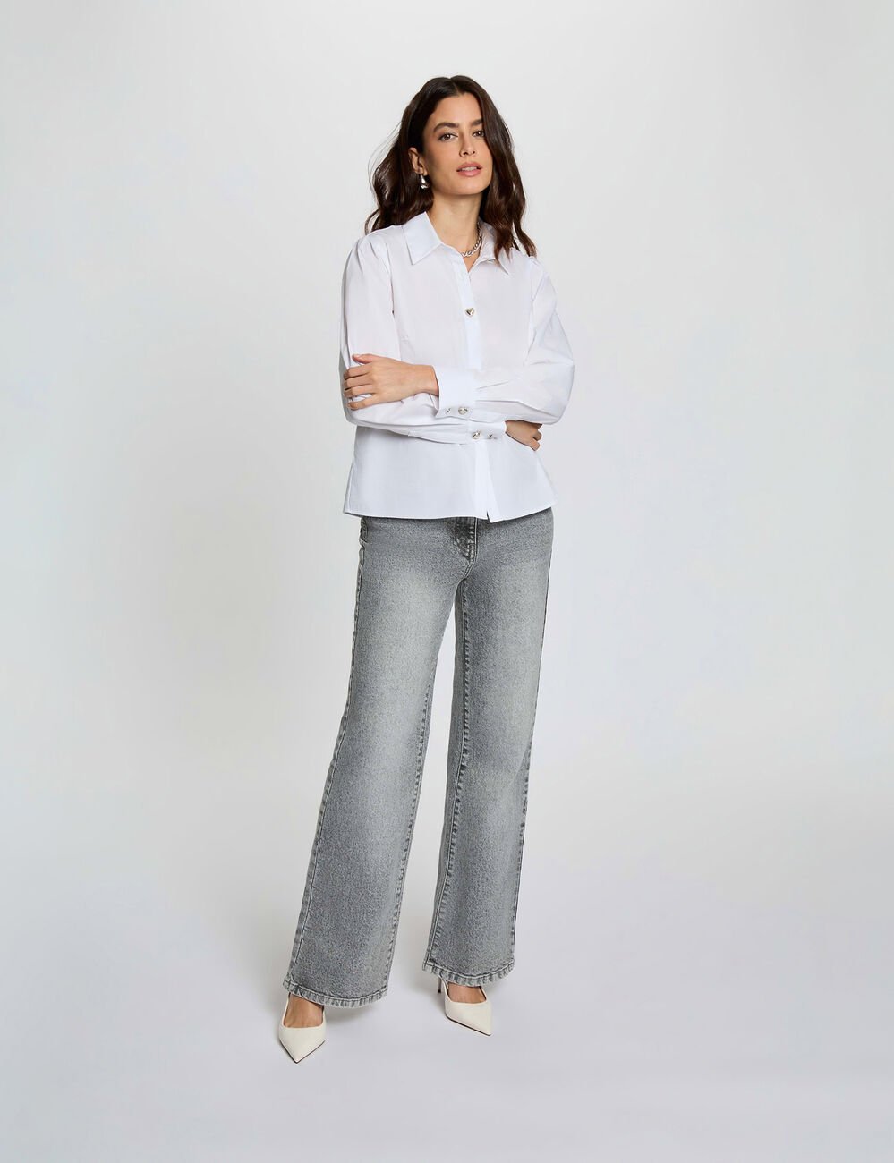 Weit geschnittene hochgeschnittene Hose snow gray denim damen