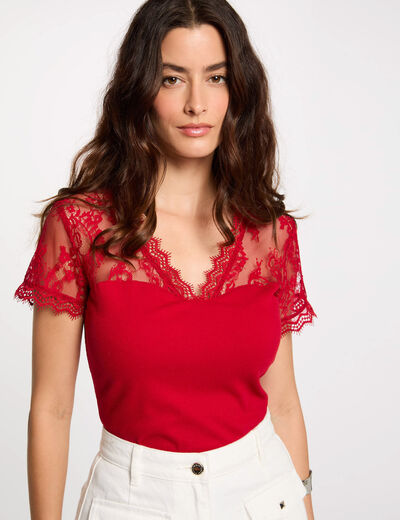 Kurzarmshirt mit Spitze rot damen