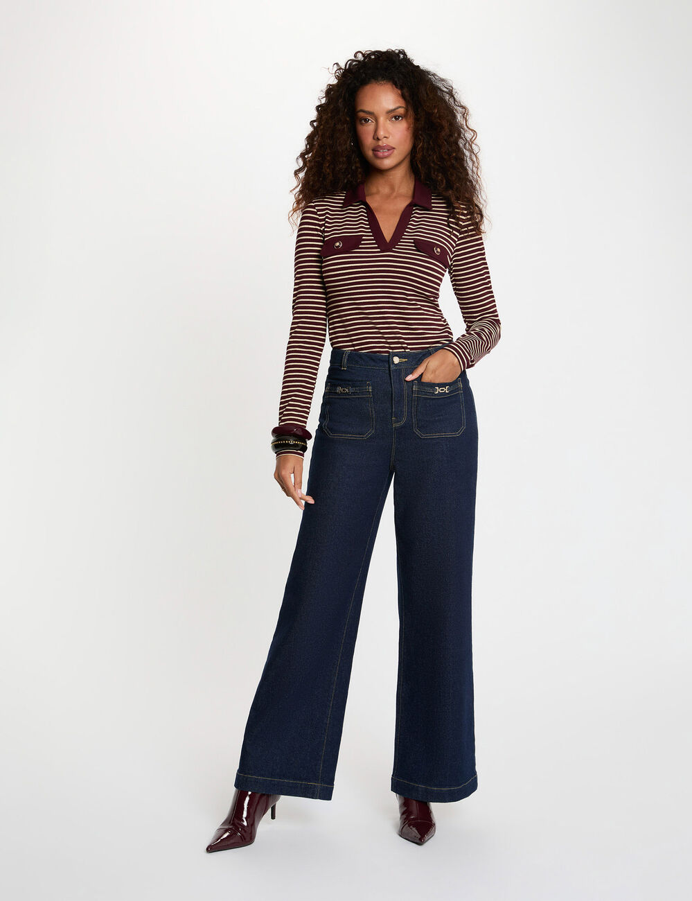 Gestreiftes Langarm-Polo bordeaux damen