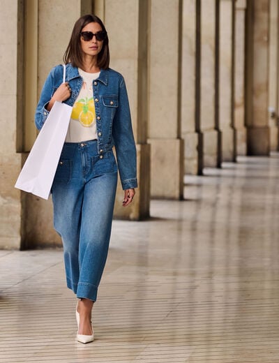 Weite hochgeschnittene Hose stone denim damen