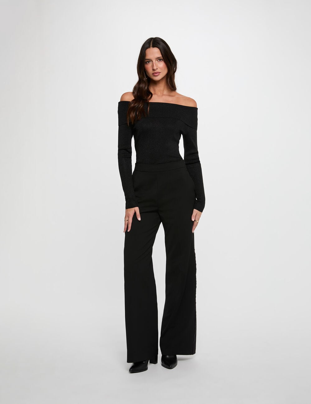 Pull col bardot m&eacute;tallis&eacute; noir femme