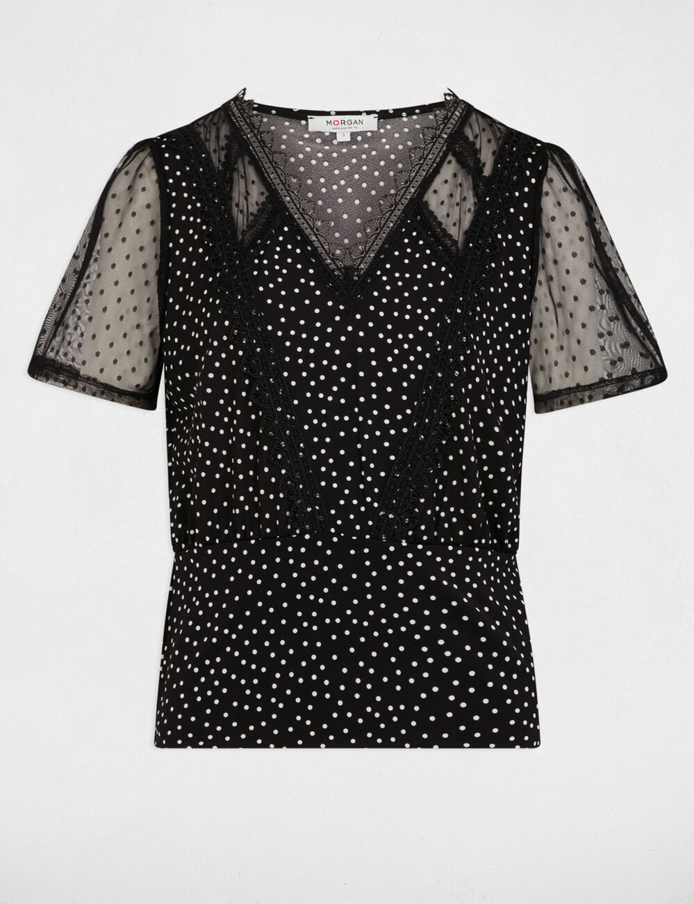 T-shirt mit kurzen Ärmeln und Punkten schwarz damen