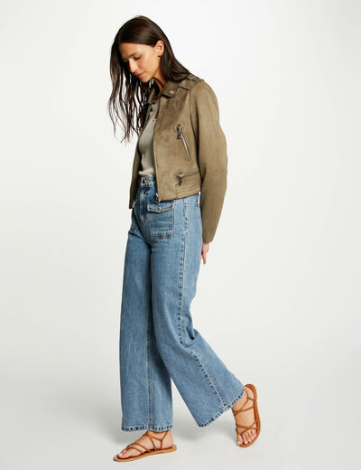 Blouson droit aspect suédine vert kaki femme