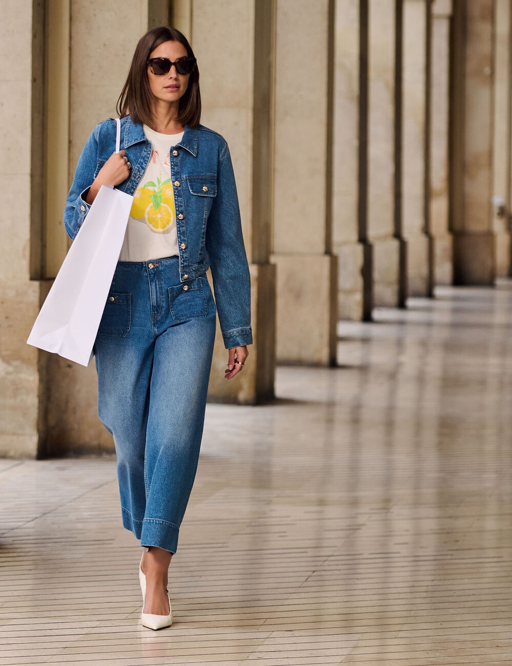 Weite hochgeschnittene Hose stone denim damen