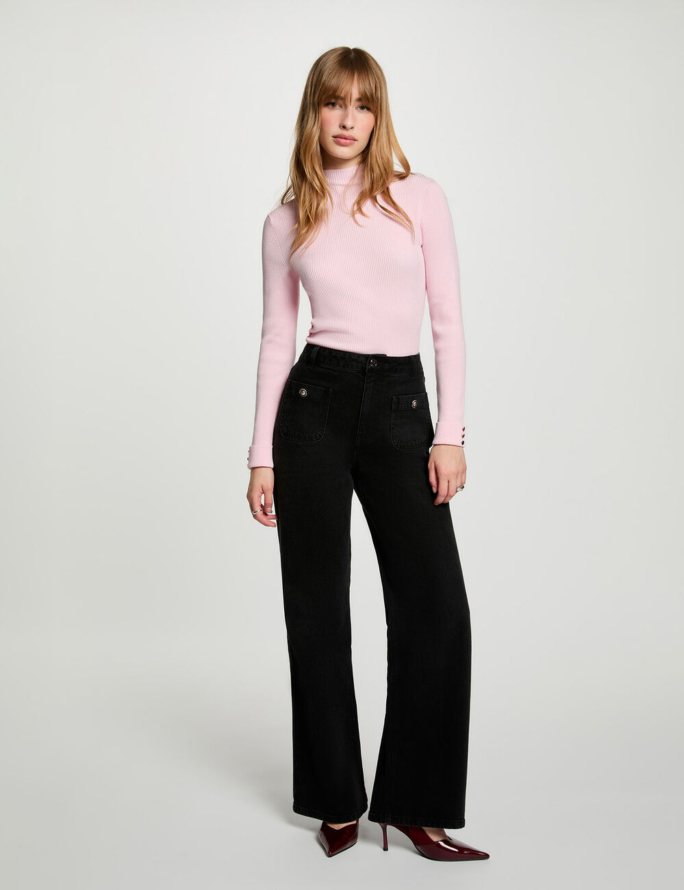 Weit geschnittene hochgeschnittene Hose schwarz denim damen