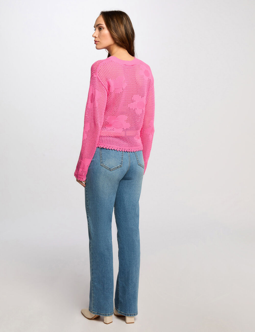 Pull col rond ajouré rose femme
