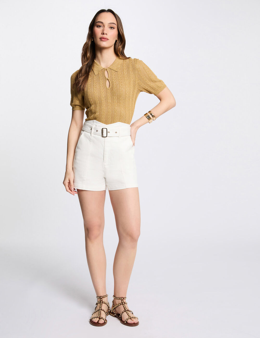 Pull col polo jaune moutarde femme