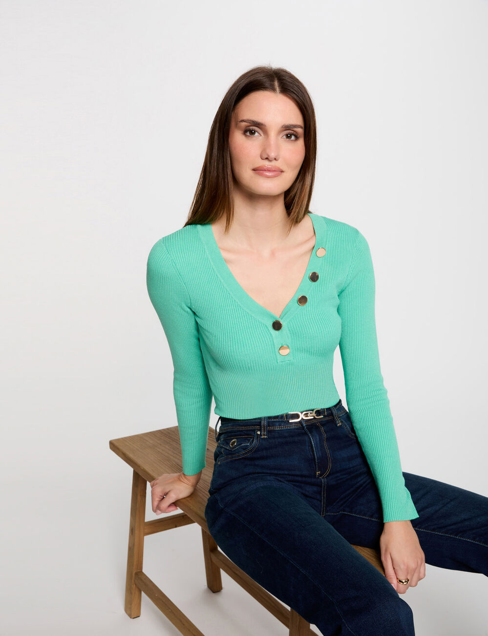 Langarmpullover aus feinem Strick mit Knöpfen mintgrün damen