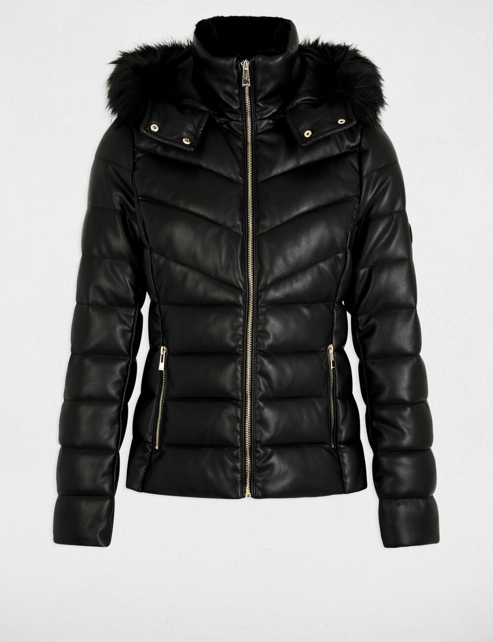 Taillierte Kunstleder-Daunenjacke schwarz damen