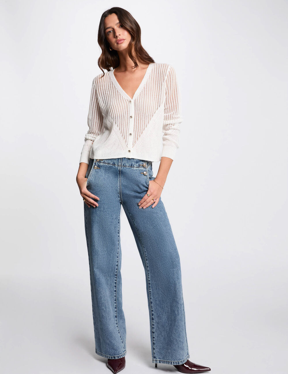 Langarm-Weste mit Ajourmuster elfenbein damen