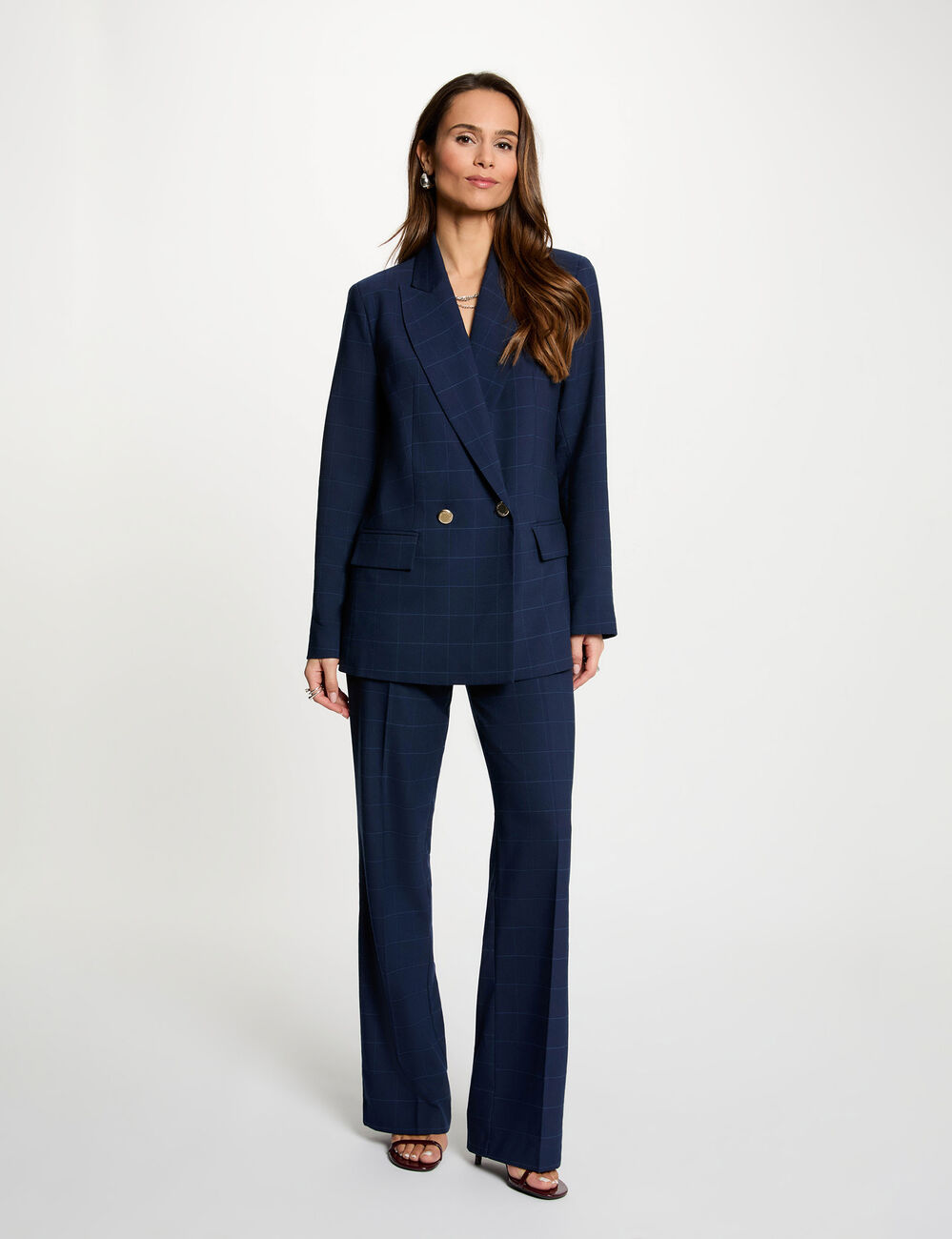 Blazer droit &agrave; carreaux bleu marine femme