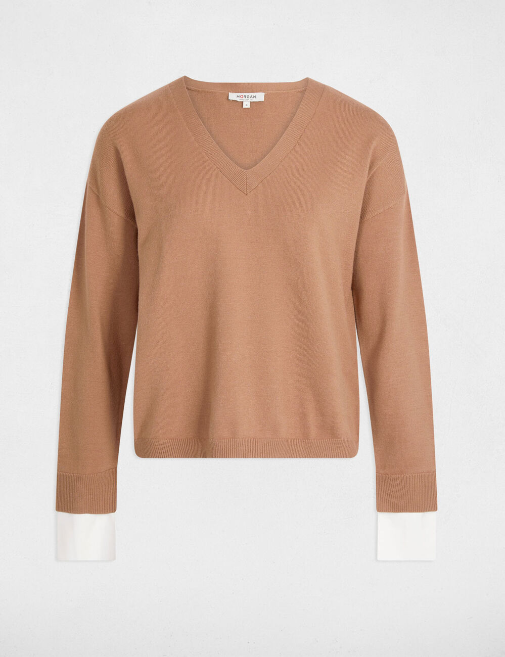Pull col en V marron femme