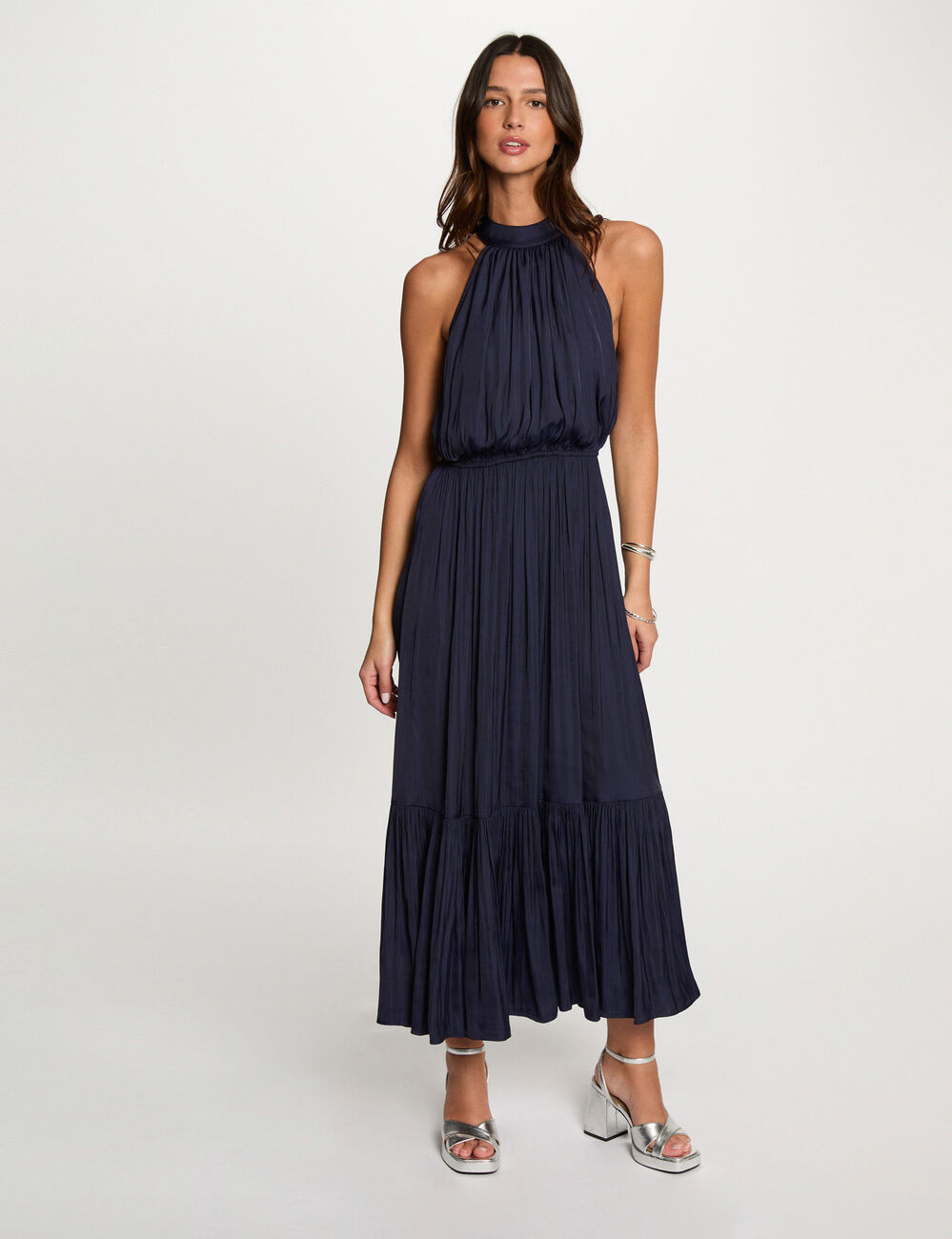 Robe longue évasée fluide bleu marine femme